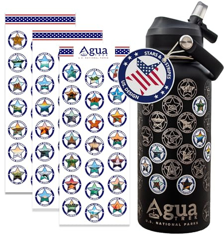 AguaTrek Stars and Stripes National Parks Wasserflasche mit Aufklebern, isolierte Weithals-Edelstahlflasche, 2 Deckel (Strohhalm und Ausgießer), BPA-frei und auslaufsicher, Geschenk-Box, Schwarz