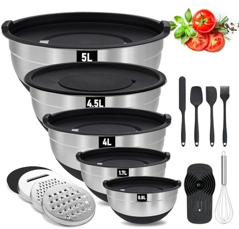 Bestdin Mixing Bowl with Lid of 5, Stainless Steel Mixing Bowls with Airtight Lids & 3 Grates, Nesting Design & Non-Slip Bottoms, Mixing Bowls for Baking/Serving/Prepping(4.5, 4, 3.5, 1.5, 0.7QT)