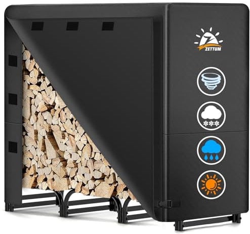 Zettum Leñero de Metal para Exterior 121 x 35 x 121 CM, Leñero con Tapa Revestimiento de PU 600D, Ayuda de apilamiento Impermeable para leña, refugio para leña para jardín y Terraza