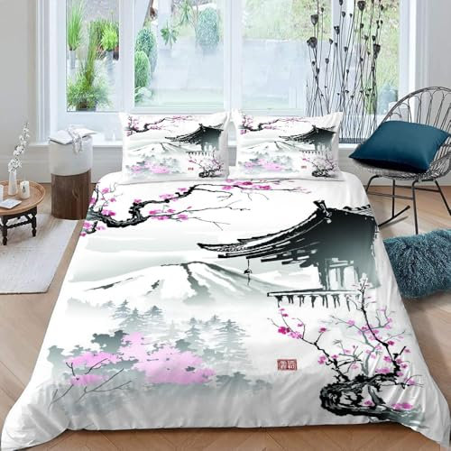 RLYXGS Japan Kirschblüten Bettwäsche Set 135x200cm Teenager Mädchen Japanischer Stil 3D Mikrofaser Bettbezug mit Reißverschluss und 2 Kissenbezüge 80x80cm für Jungen Kinder Bettbezüge 3teilig D78