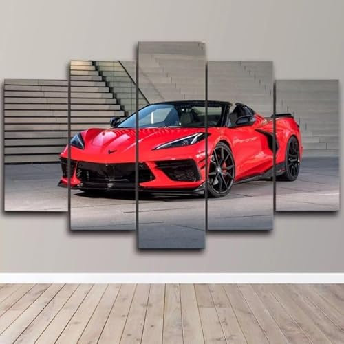 FatAco 5 Paneele Leinwand mit Rahmen Chevrole Corvette Stingray Race Car Bild Kunstdruck Leinwand Gemälde Wandmalerei Home Office Wohnzimmer Schlafzimmer Dekoration Ready to Hang