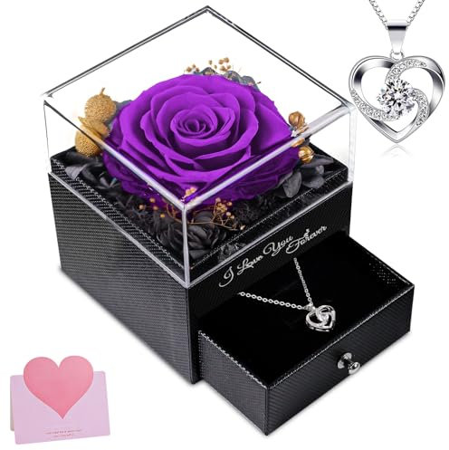 skelo Rosa Eterna con I Love You, Stabilizzata Fiore Idee Regalo Donna, Mamma, Moglie, Amico femminile, Confezione Regalo per la Festa, Rosa Eterna con Collana Regali per Lei (Viola)