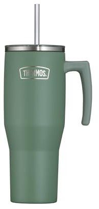 Thermos REFRESHING SERIES - Vaso aislado (1,1 L, acero inoxidable, con pajita y asa, para viajes, trabajo o casa, acero inoxidable de doble pared sin sabor, color verde mate