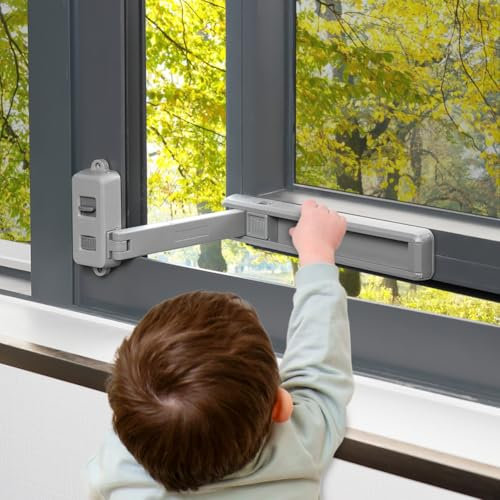 ANOMM Grau Baby-Sicherheits-Fensterbegrenzer, Verstellbares Fensterschloss, Kindersicherungsfenster, Babysicherheitsfensterbegrenzer, Kindersicheres Fenstersicherheitsschloss für Kinder und Haustiere