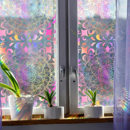 Alwayspon Selbstklebende Folie für Buntglasfenster, Regenbogenfarben, Rosa und Violett, elektrostatisch, abnehmbar, für Glasfenster, Türdekoration