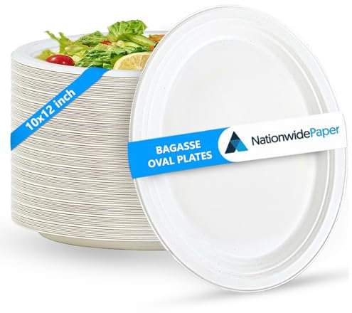 Nationwide Paper 10x12Inch Disposable Oval Paper Plates, Large, Heavy Duty, Eco-Friendly, White Bagasse Paper Plates, 200Pcs