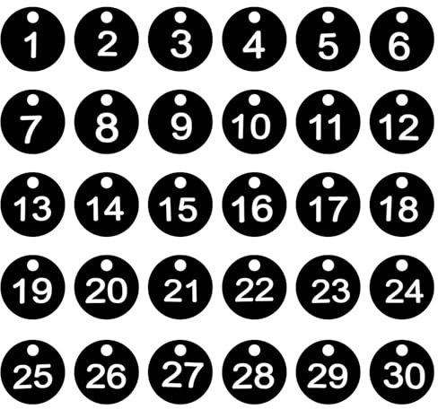 PATIKIL 1-30 Numbers Tags Plastic Round Numbereds, Black with White Text | Marking Identify ID Key Hang Tag for Dormitory Key Chain Box Gym Cabinet Locker