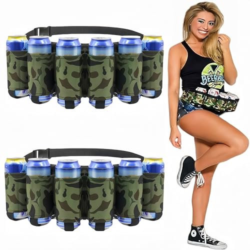 Magnoloran Biergürtel, 6 Dosen Getränkehalter Bier Taille Halter Bier Limo Gürtel Holster Verstellbare Hüfttasche für Weihnachten, Partys, Picknicks, Camping, Wandern, Grillen, Tarngrün