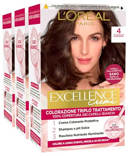 L'Oréal Paris Tinta Permanente Excellence Creme 4 Castano Colorazione Triplo Trattamento Copre 100% dei Capelli Bianchi Lunga Durata con Acido Ialuronico - 3 Tinte