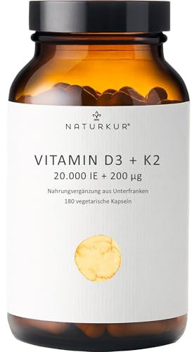 Naturkur® Vitamin D3 20.000 I.E. + Vitamin K2 MK7 200 mcg - 180 Kapseln im Apothekerglas - Ohne unerwünschte Zusatzstoffe, in Handarbeit hergestellt in Unterfranken