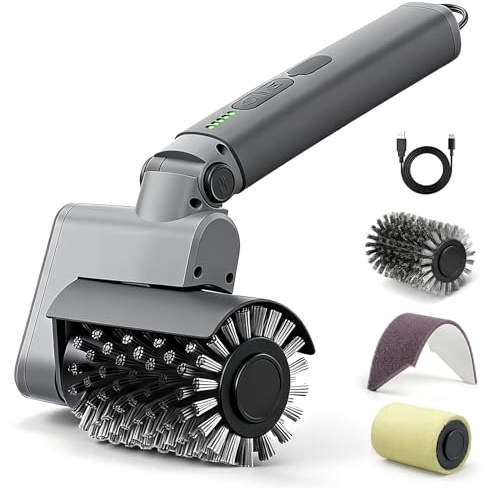 Kit Spazzola Barbecue Elettrica 3-in-1 – Pulitore BBQ Senza Fili 450 Giri/min con Setole Rinforzate – Impermeabile IPX7, 2 Ore Autonomia & Testine Lavabili in Lavastoviglie (Grigio Chiaro)