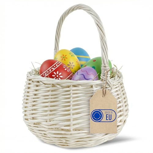 Creative Home Osterkorb Kleiner Weidenkorb Henkel Weiß Rund 16 x 16 x 20 cm | (+/- 2 cm) | Klein Handgeflochtener Geschenkkorb, Obstkorb, Bügelkorb | Osterkörbchen