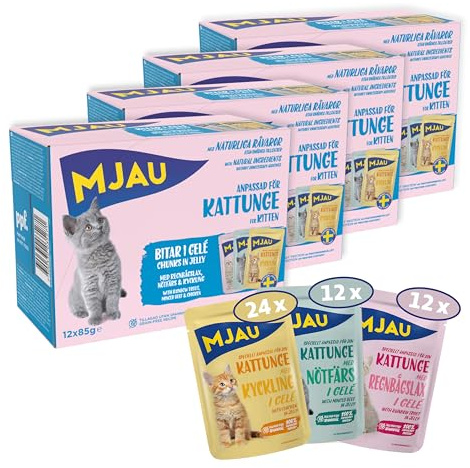 Mjau 48×85g Kitten Häppchen in Gelee mit Regenbogenforelle, Rinderhack und Huhn – 4X Multibox mit Nassfutter für Kitten im Großpack - Getreidefrei & ohne Zuckerzusatz in praktischen Portionsbeuteln