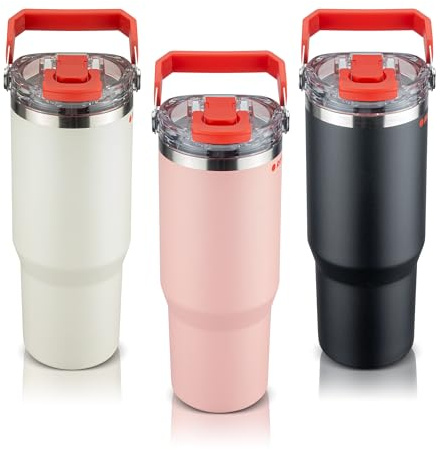 ROTPUNKT Thermobecher Edelstahl 500 ml – mit Strohhalm & Click & Go Trinköffnung, auslaufsicherer Isolierbecher für Kaffee, Tee & Kaltgetränke, BPA-frei, mit klappbarem Tragegriff (coral)