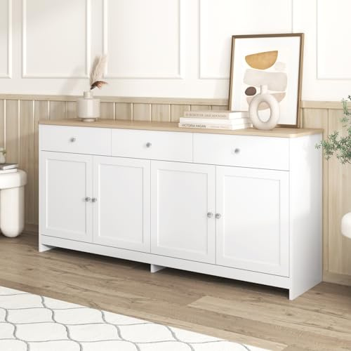 BSCFHCZ Sideboard Landhausstil Weiß & Holz-Optik - Kommode 160cm mit 3 Schubladen und 4 Türen - Buffetschrank Anrichte für Esszimmer & Küche - Mehrzweckschrank mit verstellbaren Regalböden
