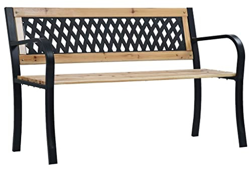 mzdioop Gartenbank 120 cm Holzbank mit Metallgestell und Kunststoff Rückenlehne, wetterfeste Sitzbank für Terrasse Balkon Vorgarten, stabile Parkbank mit Armlehne
