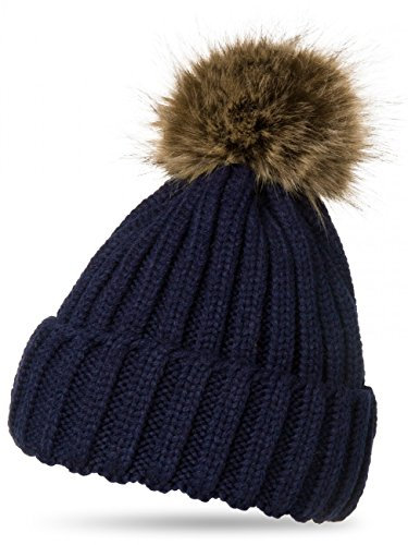 Caspar MU054 Damen Winter Strickmütze mit großem Fellbommel, Farbe:dunkelblau
