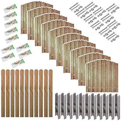 Sichtschutz-Zaun Frankfurt Bogen (180 x 180 auf 160 cm) im Komplett-Set // 10 Elementen//ca. 19 lfd. Meter //Kiefer/Fichte Holz// + 11 Zaun-Pfeilern mit Rundkopf (9 x 9 x 165 cm) + Montagematerial