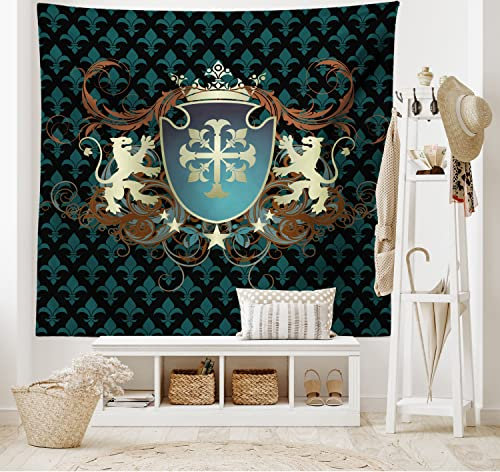 ABAKUHAUS Mittelalterlich Wandteppich, Mittelalter Wappen aus Weiches Mikrofaser Stoff Waschbar ohne Verblassen Digitaldruck, 150 x 110 cm, Schwarz Teal