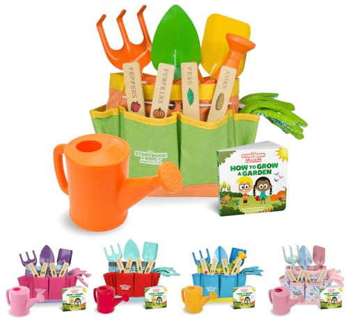 Kids Gardening Set – Toddler Gardening Kit Includes Watering Can for Kids, Shovel, Rake, Plant Stakes, Kids Gardening Gloves, Tote Bag & STEM Learning Gardening Guide Book - Garden Tool Set Green