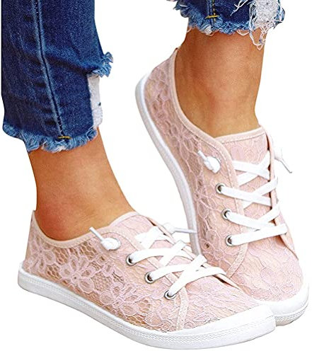 Minetom Femme Mocassin Plate Dentelle Respirantes Plat Laçage Loafers Baskets Tennis Jogging Chaussure Sport A Rose 38 EU