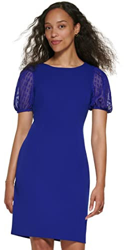 DKNY Damen Scuba Crepe Clip Box Lurex Chiffon Mixed Media Shealth Dress Kleid, Blau (Berry Blue), 32