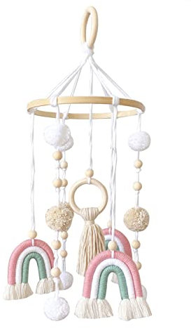 Regenbogen Mobile Baby Holz Mobile Babybett Windspiel mit PomPom, Windspiel Rassel Spielzeug, Neugeborenen Kinderzimmer hängende Bettglocke, Ornament Geschenk für Baby (B)