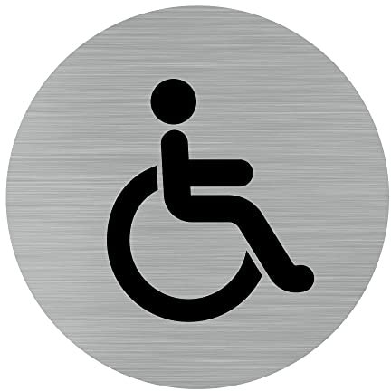 Pictogramme Handicapé et PMR (Q0184). Autocollant Souple Effet alu brossé ou Plaque de Porte alu brossé EP 2mm au Choix - Diamètre 76 mm - Plaque Aluminium brossé - Plaque Aluminium brossé -