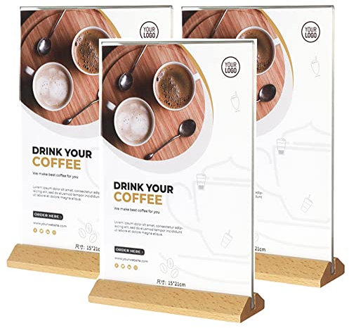 Aisamco 3 Stück A5 Acryl Schildhalter T Form Klare Acryl Doppelseitige Rahmen mit Holz Basis Tisch Menü Display Stand Flyer Schreibtisch Display