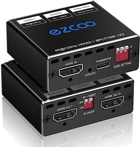 4K 120Hz HDMI 2.1 Splitter 8K 60Hz 1 Ingresso 2 Uscite VRR ALLM HDCP2.3 HDR10 8KUHD Dolby Vision Atmos Scaler 4K EDID 1080P Dual Monitors Divisor HDMI 2.1 1X2 para PS5 SkyQ Xbox NVIDIA AMD