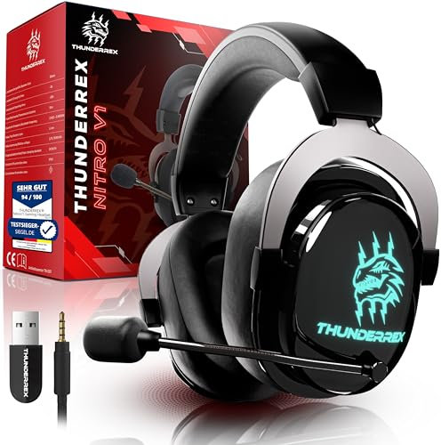 Thunderrex® Nitro V1 Gaming Headset Kabellos PC, Ps4, Ps5, Switch, [Flip-to-Mute] Kopfhörer Wireless mit 7.1 Sourround Sound, SensitiveVoice Mikrofon und 2.4GHz USB