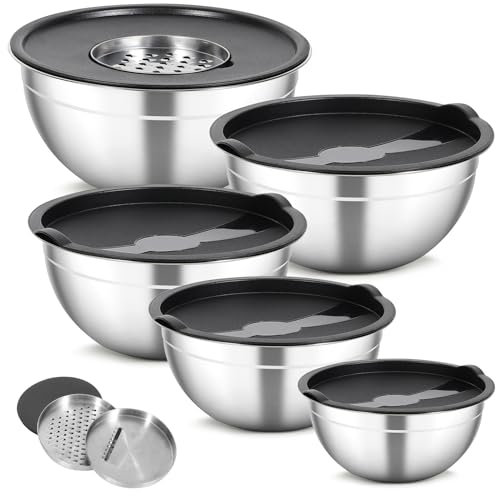 Cinnani Lot de 5 Bols à Mélanger en Acier Inoxydable avec Couvercles, Saladier, Bols de Service, Bol Cuisine Multifonctionnel avec 3 Accessoires de Broyage et Fond Antidérapant en Silicone