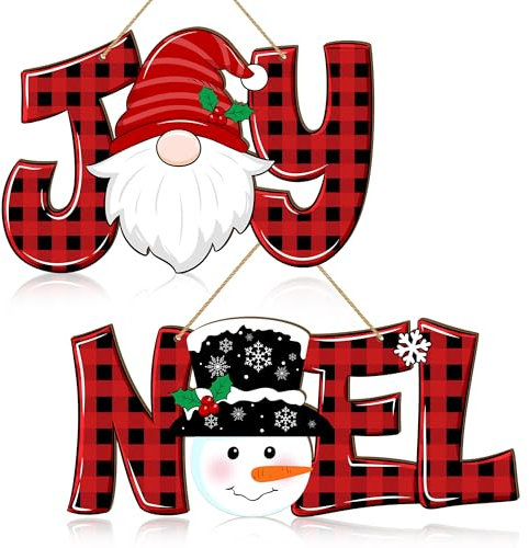 2 Stück Christmas Joy Noel Brief Türschild Dekorationen, Weihnachten Holz Wanddekoration Zwerg und Schneemann Schilder Rot Büffel Plaid Ornamente Hängeschild für Xmas Party Winter Home Holiday Joy
