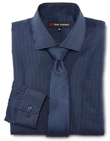 Gestreiftes Hemd mit Krawatte – Blau, Baumwolle/Polyester, Herren Business, Kent, Brusttasche, Bügelleicht, elegante Kombination (DE/NL/SE/PL, Alphanumerisch, L, Regular, Regular, Blau-gestreift)
