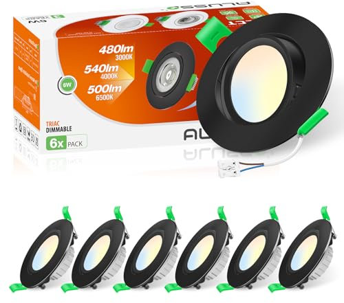 ALUSSO LED Einbaustrahler 230V, 6W 540lm Ø75mm Schwenkbar 45° Neigung Einbaustrahler Flach Dimmbar 3CCT (3000K/4000K/6500K), 60°/120° Abstrahlwinkel Einbauspot mit Diffusionsfolie, Schwarz, 6er Set