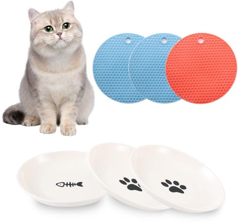 3PCS Ceramic Cat Bowls, Wide Shallow Cat Food Dishes with Non-Slip Silicone Bottom, Shallow Bowls for Kittens and Small Animals