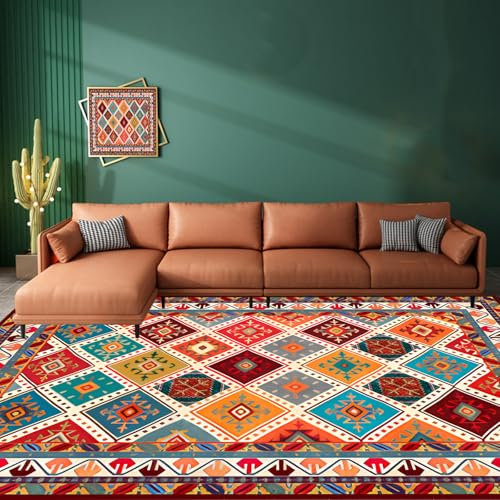 Rug-QJDDUP Teppich Wohnzimmer 200 x 300 cm, Waschbar Wohnzimmerteppich rutschfest, Vintage Rot Orange Gelb Teal Blau Grün Grau Creme Beige Weiche Kurzflor Schlafzimmer Deko, Multicoloured