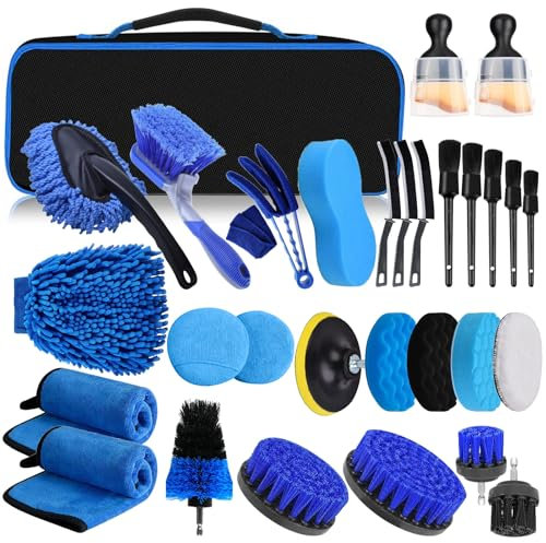 YSWOVUO Kit Limpieza Coche, 31 Piezas Cepillo Limpieza Coche, Kit Limpieza Coche Interior para Interior Y Exterior, Cepillo para Taladro Limpieza con Cepillos, Esponjas para Pulir, Bolsa de Transporte