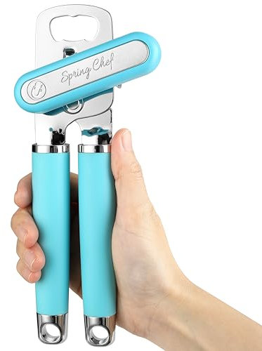 Spring Chef Stainless Steel Can Opener Manual with Soft Grip Handles, Easy Turn, Heavy Duty Hand Can Openers for Seniors with Smooth Edge - Aqua Sky