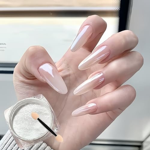 White Pearl Chrome Nail Powder - Shimmering Iridescent & Mirror Effect for Stunning DIY Nails Art - Pearl Nail Powder Create Clear Ice Gloss