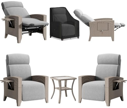 YOIZO Relaxliege Liegesessel 2Pcs, Rattansessel mit Liegefunktion, Gartensesse Verstellbar Rückenlehne, Relaxsessel mit Staubschutz, für Drinnen, Balkon, Garten, Innenhof (2C + Balkontisch)