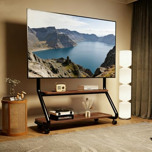 Supporto per TV, carrello porta TV con ruote, ripiano per televisore da pavimento, con pannello forato portaoggetti e due ripiani, supporto mobile per TV da pavimento(Black,Large)