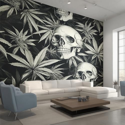 Generisch Vlies Fototapete Marihuana 450x315 cm, Tapete Grau Tapeten Vliestapete Wohnzimmer Unkraut Cannabis Totenkopf Schlafzimmer Wandtapete Ornamente Mustertapete W&89