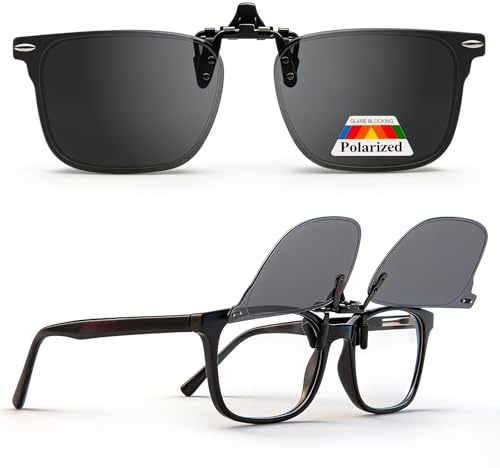 Amorays Polarisierte Clip-On Sonnenbrille UV400 Anti-Glare Gläser Flip up Brillenclip für Herren und Damen 7809(Schwarze Glas)