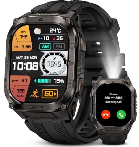 KOSPET Tank M4C Smartwatch Herren mit LED,Dualband-GPS,Walkie-Talkie,5ATM | 1,96 AMOLED, 24/7 Herzfrequenz&Schlaftracking, 50M wasserdicht/IP69K Militär Watch mit Telefonfunktion für Android/iPhone