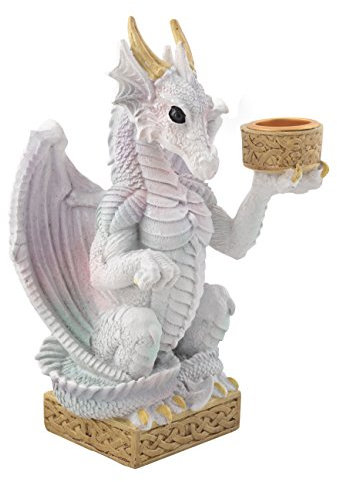 Figur Drache, Kerzenhalter weißer Drache, Regenbogendrache, Gothik 16cm