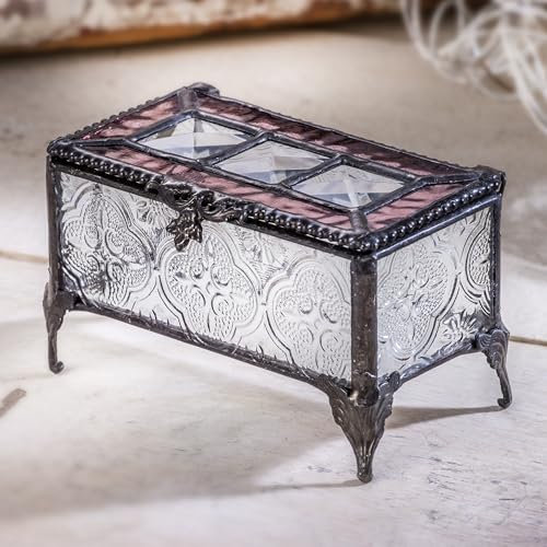 J Devlin Box 514 Vintage-Glasbox, Schmuckkästchen, Andenken, dekorativ, klar und pfirsichfarben, rosa Buntglas, Geschenk
