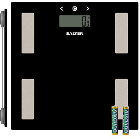Salter 9150 BK3R Digitale Personenwaage - Körperanalyse, Körpergewichtswaage aus Glas, misst Gewicht BMI, Körperfett/Wasser, ultradünne Waage, gut ablesbares Display, 8 Benutzer, Schrittfunktion