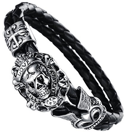JewelryWe Schmuck Herren Lederarmband, Gotik Totenkopf Schädel Krone 2 Geflochten Lederkette Armband Partnerarmband Armreif, Schwarz Silber