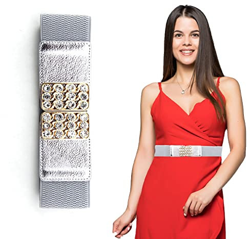 Trimming Shop Schwarz Groß Damen Elastischem Bund Gürtel für Formelle, Freizeit Bekleidung mit Gold Berühmt Schnallen und Schmuck Falsch Strasssteinchen, Verstellbar, Dehnbar, 60mm - Silbern, Medium